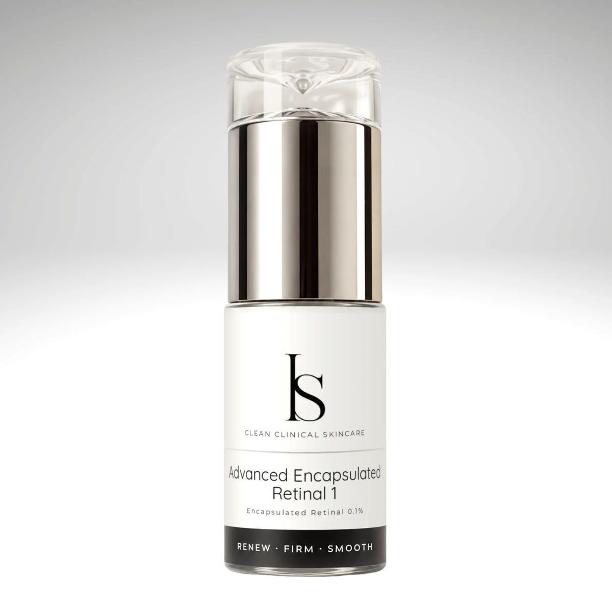 Intrinsic Skincare Advanced Encapsulated Retinal 1 – 0.1% retinal serum in a white pump bottle with silver cap, for fine lines, wrinkles and ageing skin.