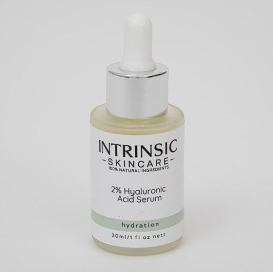 Intrinsic Skincare UK 2% Hyaluronic Acid Serum in a 30ml glass dropper bottle for deep skin hydration.